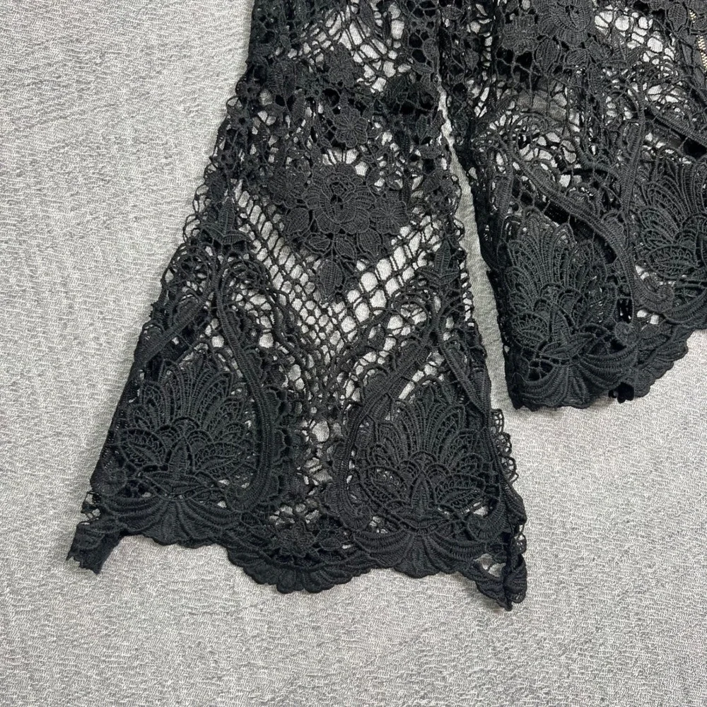 Crochet Grunge‎ Lace Top Black Floral Sheer Bell Sleeve M Dark Fairy Whimsigoth - Picture 9 of 13
